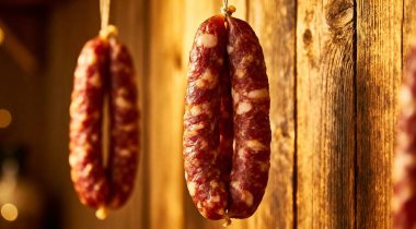 Salam sosis ahşap arka plan asılı