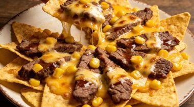 Biftek ve peynirli mısır cipsi büyük bir tabakta hazır.