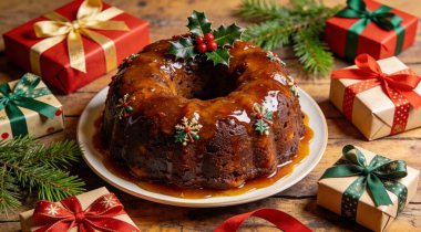 Süslü Noel pudingi, hediyeler, ahşap kırsal masada yeşil ağaç dalı.