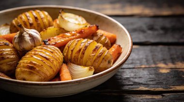Fırın kase hassleback patates sarımsak, havuç ve soğan rustik siyah ahşap yüzeyi ile kavrulmuş
