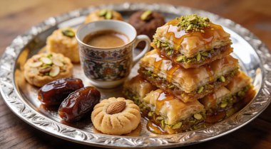Doğu Baklava 'sı ve gümüş tepside kahve.