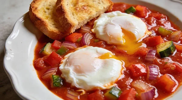 Domates sosu ve diğer sebze haşlanmış yumurta ekmek ile servis