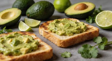 Lezzetli avokado soslu ekmek dilimleri ve gri masadaki malzemeler, yakın plan.