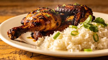 Lezzetli ızgara tavuk ve pilav. Taze bitkilerle birlikte.