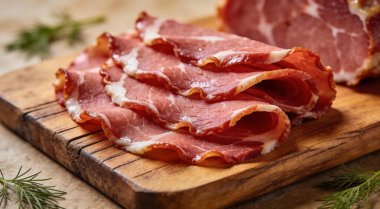 Kırsal bir tahta üzerinde ince dilimlenmiş et.