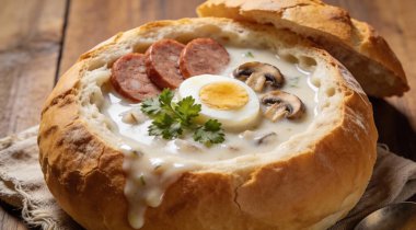 kase olarak ekmek sosis, yumurta ve mantar ile geleneksel beyaz borscht zurek