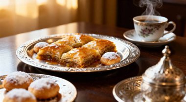 Doğu Baklava 'sı ve gümüş tepside kahve.