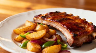 Kızarmış domuz kaburgası, sebzeli kızarmış patates..