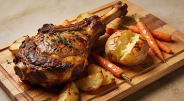 Fırında patates ve havuç ahşap tahtasında kuzu omzu.