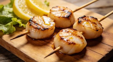 Izgara deniz tarağıyla iki şişe. Tahtaya konmuş limon ve marullu deniz tarağı..