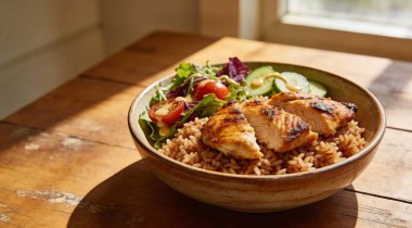 Tahta masada servis edilen tavuk ve salatalı leziz kahverengi pirinç, yakın plan.