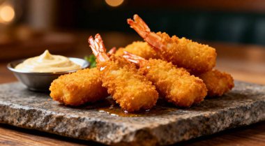 Tahtada soslu gevrek karides külçeleri.