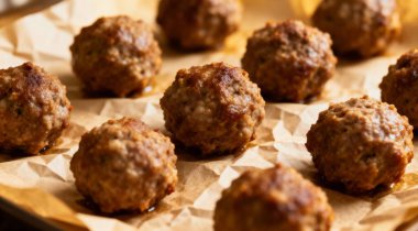 Homemade beef and pork meatballs on baking paper.