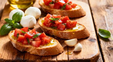 Köy tahtasında fesleğenli domates bruschetta ve mozzarella peyniri