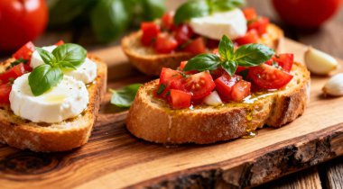 Köy tahtasında fesleğenli domates bruschetta ve mozzarella peyniri