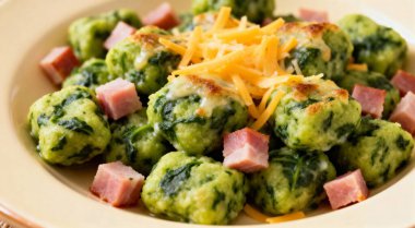 Jambon ve çedar peynirli ev yapımı ıspanaklı gnocchi.