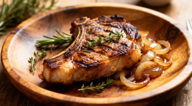 Izgara domuz pirzola karamelize soğan ve otlar ile