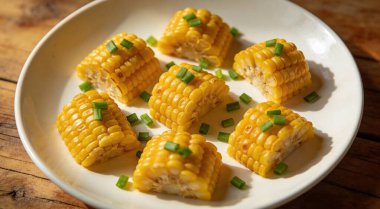 Yeşil soğanlı haşlanmış mısır koçanı parçaları.