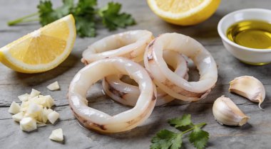 Uncooked squid rings and ingredients on grey table, closeup