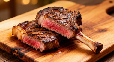 Tahta kesme tahtasında taze ızgara Tomahawk bifteği.