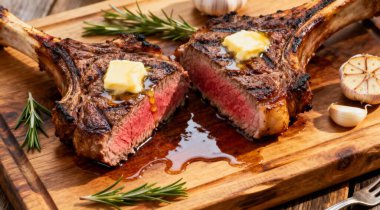 Tahta kesme tahtasında taze ızgara Tomahawk bifteği.