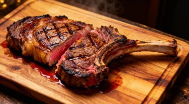 Tahta kesme tahtasında taze ızgara Tomahawk bifteği.