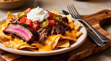 Üstünde füme göğüs eti olan nachos.