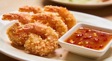 Kızarmış karides. Beyaz tabakta ekmek kırıntıları ve acılı tatlı soslu kızarmış karides..