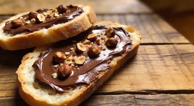 Çikolata sürülmüş ekmek dilimleri ve ahşap masada fındıklar.