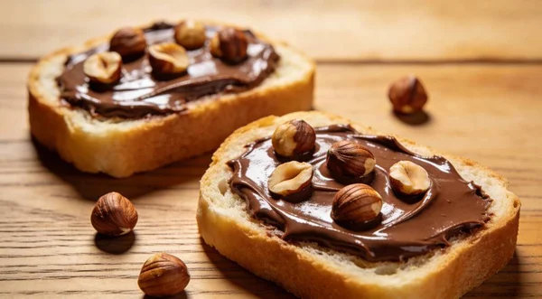 Çikolata sürülmüş ekmek dilimleri ve ahşap masada fındıklar.