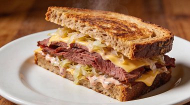 Biftekli Reuben Sandviçi, lahana turşusu ve Rus Sosu.