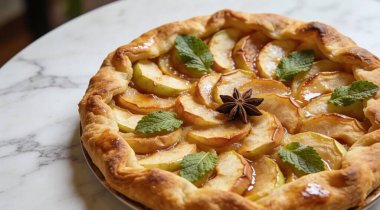 Nane ve yıldız anasonlu leziz elma galetesi beyaz mermer masada.