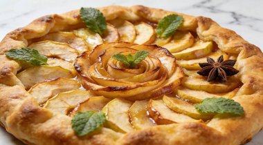 Nane ve yıldız anasonlu leziz elma galetesi beyaz mermer masada.