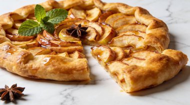 Nane ve yıldız anasonlu leziz elma galetesi beyaz mermer masada.