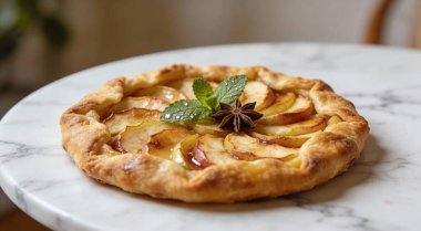 Nane ve yıldız anasonlu leziz elma galetesi beyaz mermer masada.