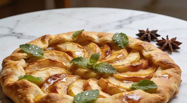 Nane ve yıldız anasonlu leziz elma galetesi beyaz mermer masada.