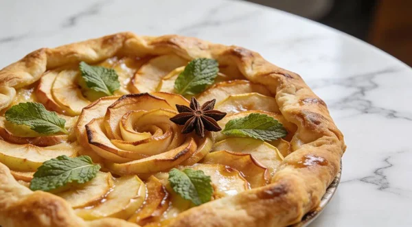 Nane ve yıldız anasonlu leziz elma galetesi beyaz mermer masada.