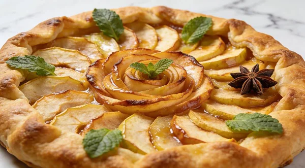 Nane ve yıldız anasonlu leziz elma galetesi beyaz mermer masada.