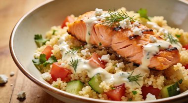 Peynir soslu ve otlu somon kuskus salatası..