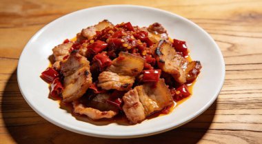 Kızarmış kırmızı biberli domuz etini ahşap masada beyaz tabakta karıştır.