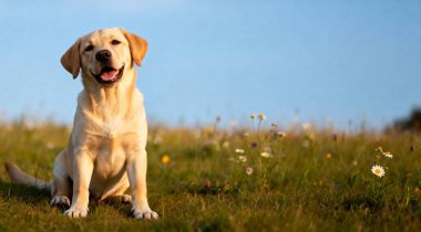 Labrador Retriever köpeğinin dışarıda çekilmiş bir portresi. Metin için boşluk