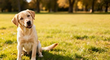 Labrador Retriever köpeğinin dışarıda çekilmiş bir portresi. Metin için boşluk