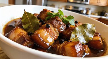 Filipinli Adobo Pork mutfakta beyaz bir kase içinde bulanık arka plan