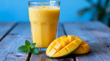 Taze Mango Smoothie Işık Arkaplanda Cam İçinde