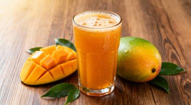 Lezzetli mango suyu bardakta taze meyve ve ahşap masa üzerinde yeşil yapraklar..