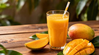 Lezzetli mango suyu bardakta taze meyve ve ahşap masa üzerinde yeşil yapraklar..
