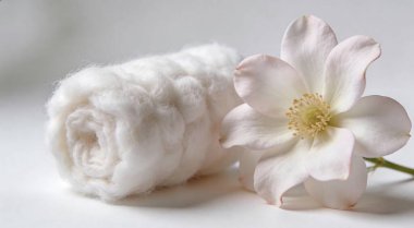 Kabarık pamuk rulo ve beyaz arka plan üzerinde çiçek