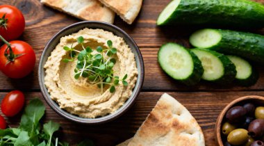 Mikro yeşillikli lezzetli humus ve ahşap masa üzerinde farklı malzemeler.