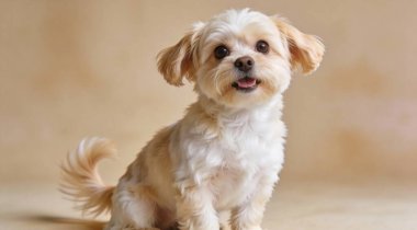 Bej arka planda sevimli Maltipoo köpeği, mesaj için yer var. Sevimli hayvan