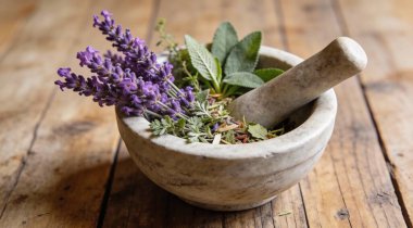 Havan topu taze lavanta çiçekleri, otlar ve ahşap masa üzerinde tokmak, yakın çekim